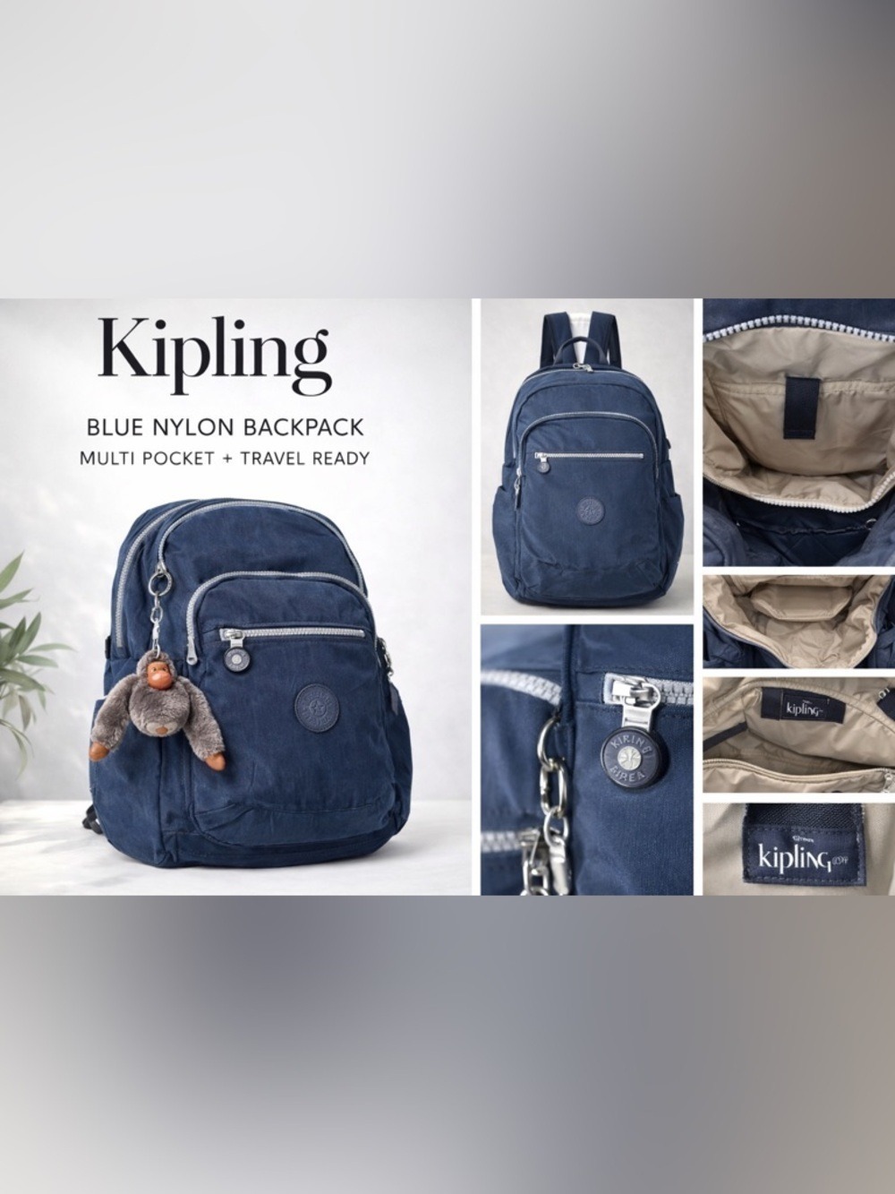 Kipling Blue Nylon Backpack Monkey Keychain Travel School Lightweight Multi Pckt